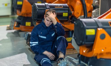 Fabrika teknisyeni sanayi ortamında yerde oturuyor, bitkin ve bunalmış görünüyor. İşçi alnına kadar el ile makinelere yaslanır, yorgunluk ve iş stresi taşır.