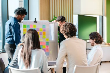 Çeşitli bir girişim ekibi, çevik bir görev tahtası kullanarak çalışma süreciyle ilgili bir tartışmaya girişir. Kurul, ekip planlama ve uygulama stratejilerinde işbirliği yaparken farklı proje aşamaları sergiliyor