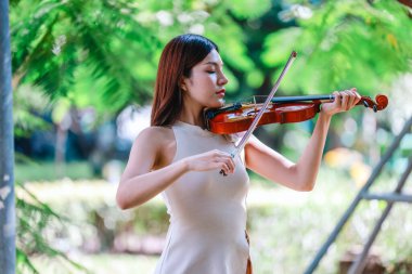 Genç bir Asyalı kadın bereketli yeşilliklerle çevrili huzurlu bir açık hava ortamında kibarca keman çalıyor. Doğada bir müzik konsantrasyonu ve sükunet anı yakalıyorum..