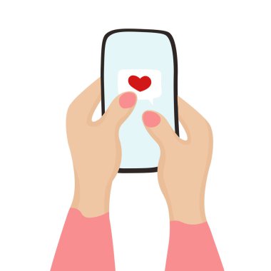 Sevgililer Günü kadınının elleri kırmızı kalpli akıllı telefonu tutuyor. İlişki veya flört uygulaması ve web sitesi kavramı.