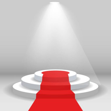 Kırmızı halı ve beyaz lambayla podyum sahnesi