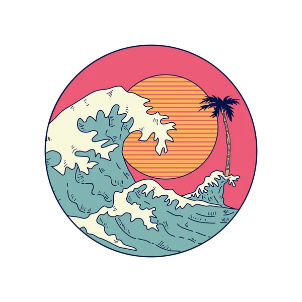 Retro Beach Wave Sun — Stock Vector