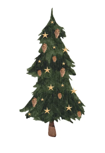 Weihnachtsbaum Mit Weihnachtsschmuck Tannenzapfen Aquarell Illustration Zur Gestaltung Auf Weißem — Stockfoto