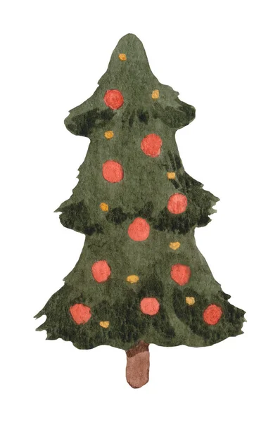 圣诞树 红色圣诞装饰品 水彩画 供设计用 白色背景 — 图库照片