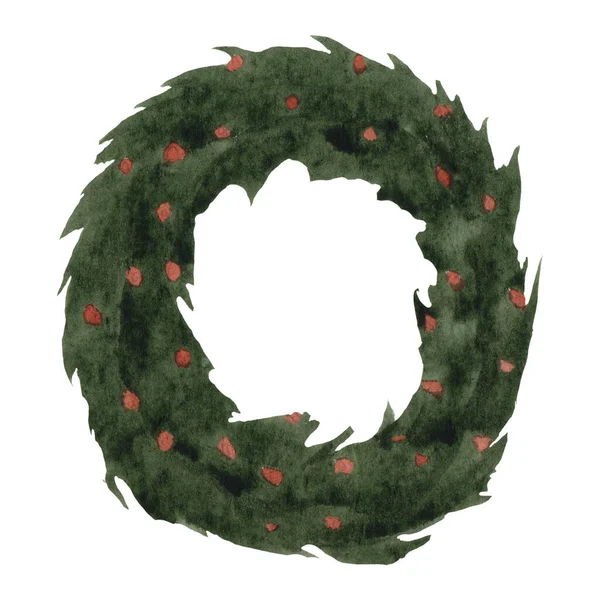 红莓松木花环的圣诞冷杉花环 装饰元素 白色背景上的水彩画 — 图库照片