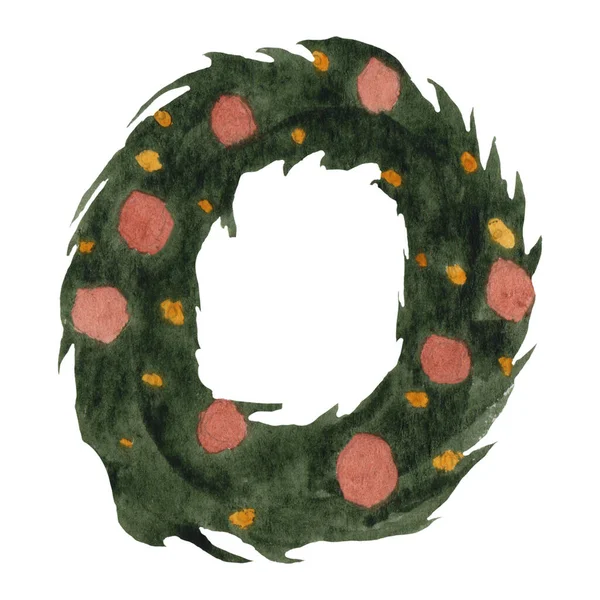 Vánoční Jedle Červenými Bobulemi Věnec Borovice Dekorativní Prvek Akvarel Ilustrace — Stock fotografie