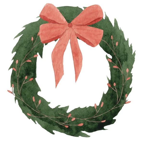 红莓松木花环的圣诞冷杉花环 装饰元素 白色背景上的水彩画 — 图库照片