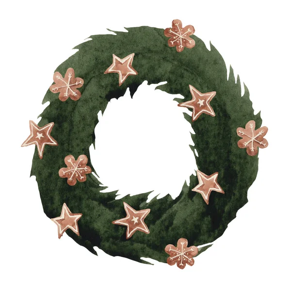 圣诞冷杉花环与姜饼和圣诞装饰松树花环 装饰元素 白色背景上孤立的水彩画 — 图库照片