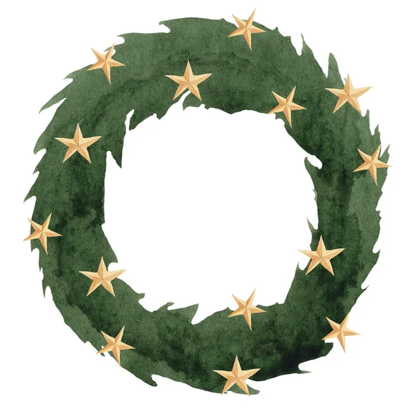 Karácsonyi Fenyő Koszorú Csillagokkal Karácsonyi Dekorációkkal Fenyő Koszorú Dekoratív Elem — Stock Fotó