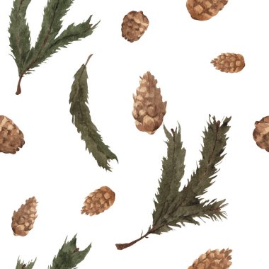 Tatil unsurlarıyla suluboya desenler, Noel süslemeleri. Yeni yıl, Noel ve kış tatilleri için kusursuz bir düzen.