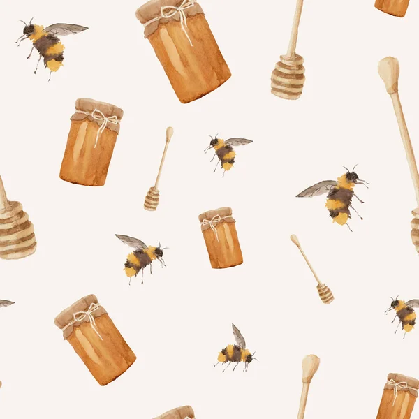 あなたのデザインのための水彩で描かれたベージュの背景に蜂蜜と蜂とシームレスなパターン — ストック写真
