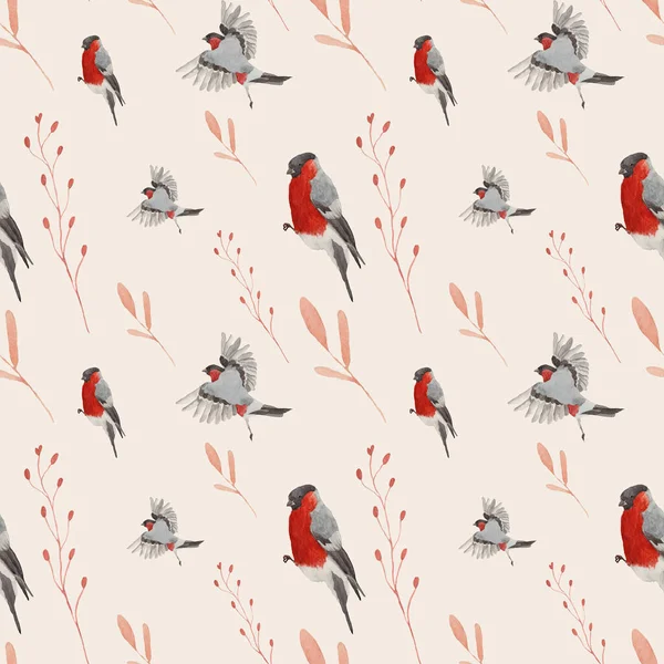 Płynny Wzór Kwiatowego Zestawu Ptakami Czerwone Różowe Kolory Narysowane Akwarelą — Zdjęcie stockowe