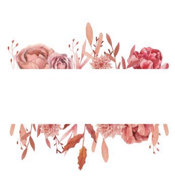 Pembe çiçeklerin kare çerçevesi, suluboya ile boyanmış, beyaz arka planda, düğün illüstrasyonu, tasarımınız için.