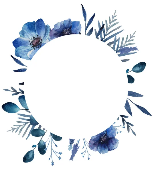 Kulatý Rám Modrých Modrých Květin Malované Akvarely Bílém Pozadí Svatební — Stock fotografie