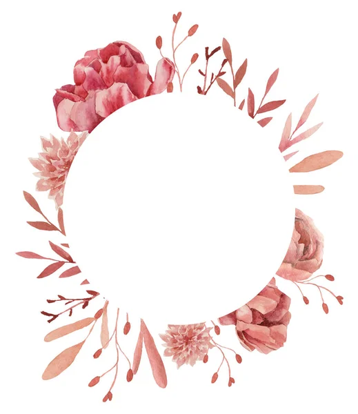 Rund Ram Rosa Blommor Målade Med Akvareller Vit Bakgrund Bröllop — Stockfoto