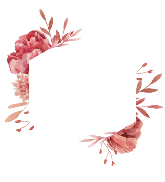 Square frame of pink flowers, painted with watercolors, on a white background, wedding illustration, for your design