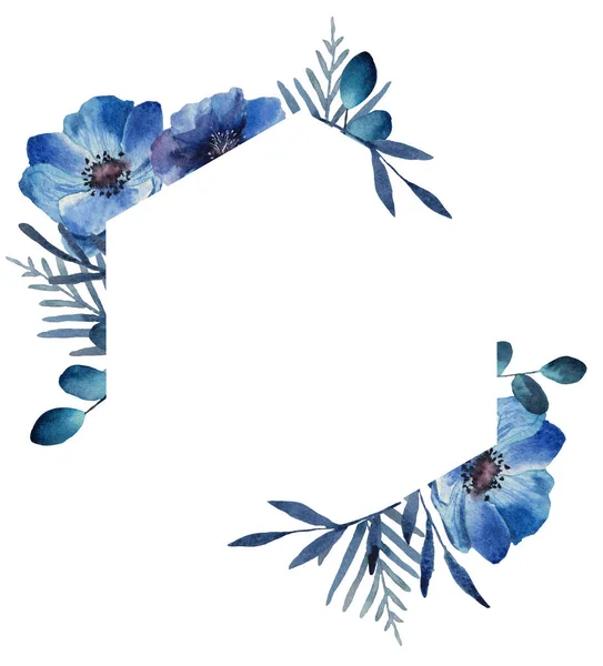 Quadro Quadrado Flores Azuis Azuis Pintado Com Aquarelas Fundo Branco Fotografias De Stock Royalty-Free