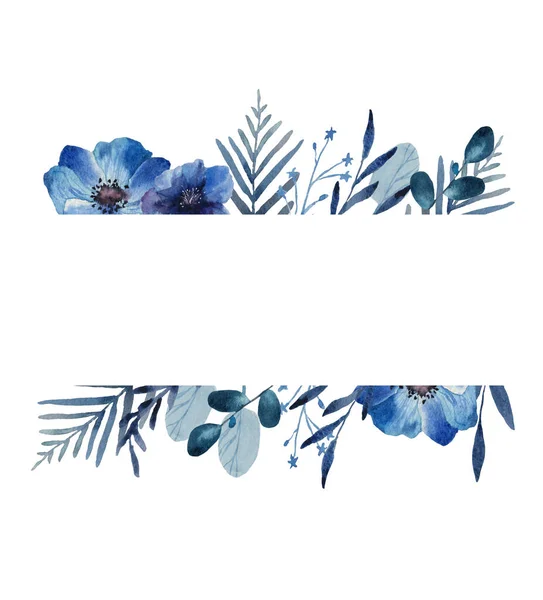 Quadro Quadrado Flores Azuis Azuis Pintado Com Aquarelas Fundo Branco Fotografia De Stock