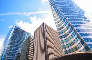 the glass skyscrapers of the Defense district in Paris, the capital of France. one of the modern districts of the city, the 