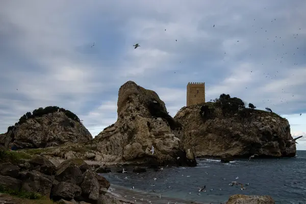 Dalgalar kayalara ve taş kuleye çıkıyor. 