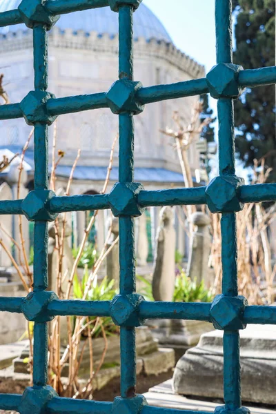 blue metal bars keeping a cemetery in the back