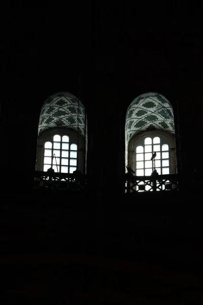 Düşük açılı bir odada, bir kuşun önünde iki pencerenin alçak açılı çekimi.