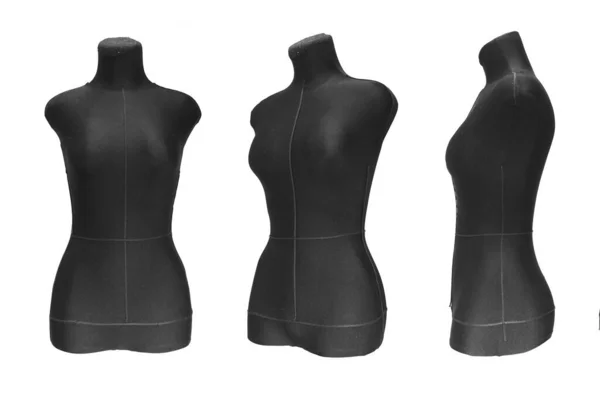 Набір Чорних Жіночих Манекенів Різному Одягу Дизайнерського Текстилю Ізольовані Крупним — стокове фото