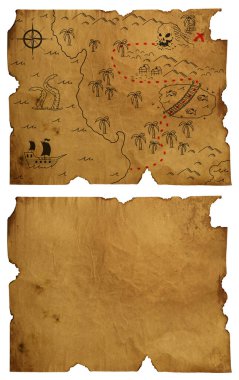 Yıkılmış eski bir parşömen, doku, izole edilmiş, yakın plan üzerinde antika bir korsan hazine haritası.