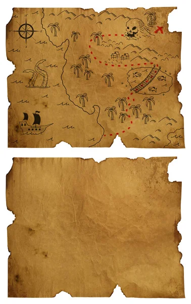 Antique vintage pirate treasure map on a ruined old Parchment, Texture, isolated, close up