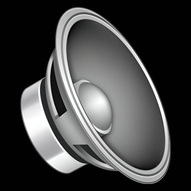 Sözcü illüstrasyon yan görünümü gümüş renk biçimi. Subwoofer parçaları. İzole edilmiş siyah arkaplan