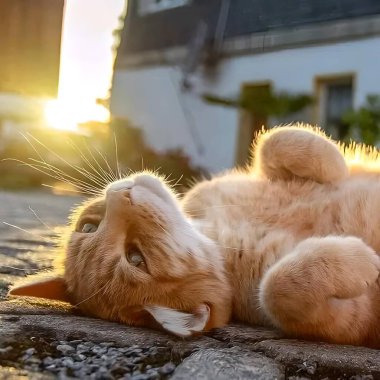 A cute cat playing in the yard at sunset