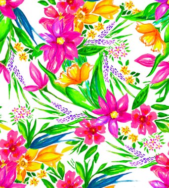 Parlak çiçekli kusursuz bir arkaplan, suluboya resimleme