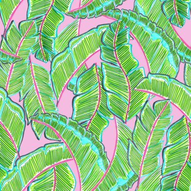 Soyut muz yaprakları ile renksiz desen, el çizimi illüstrasyon