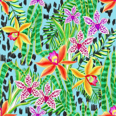 summer flowers, exotic leaves. seamless watercolor background. clipart