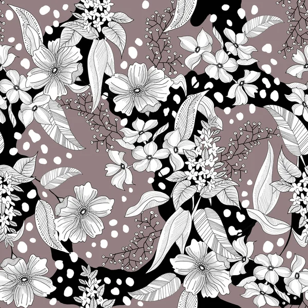 抽象的な花や葉を持つカラフルなシームレスなパターン手描きのイラスト — ストック写真