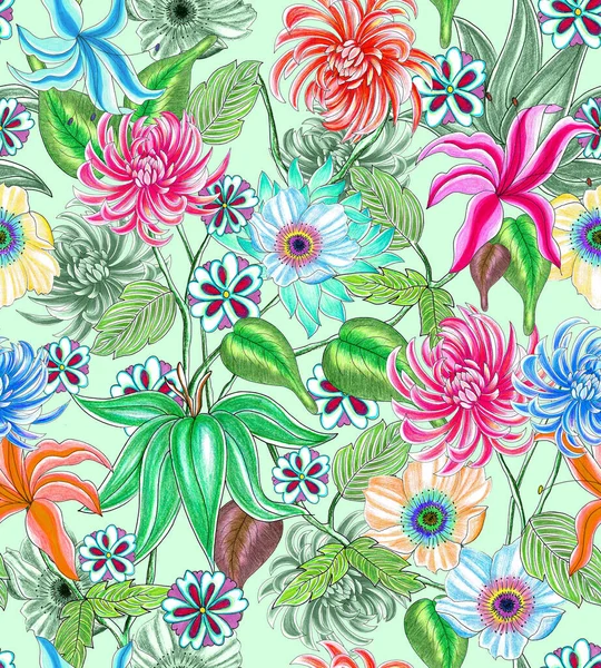 Çiçeklerle suluboya desenli kusursuz çiçek deseni. Yaz arkaplanı. El çizimi çizimi. tekstil baskısı.