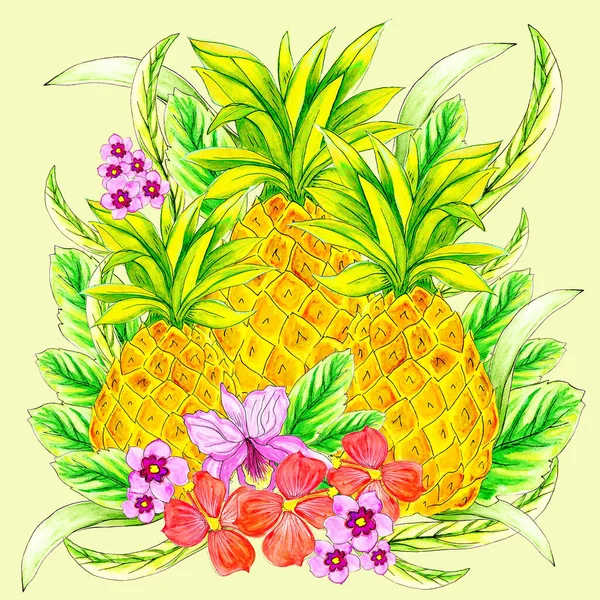 Ananas, ananas ve yapraklı tropik yaz arkaplanı