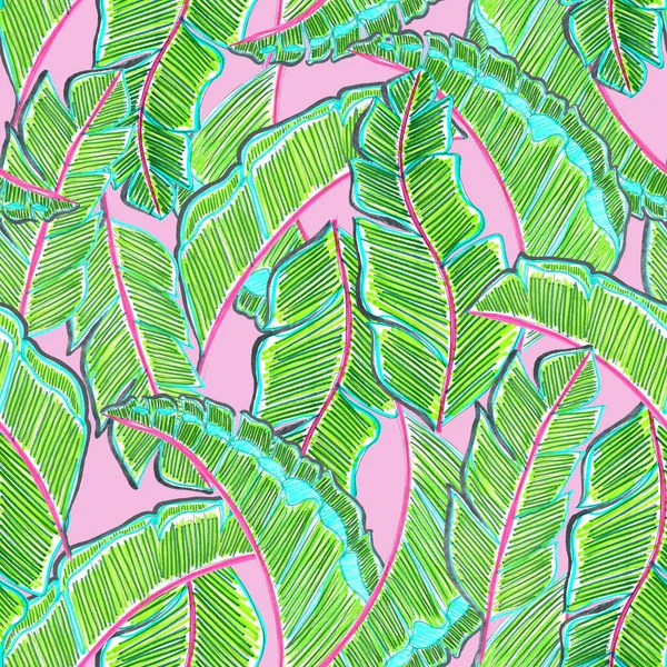 Красочный Бесшовный Узор Абстрактными Банановыми Листьями Ручная Иллюстрация — стоковое фото