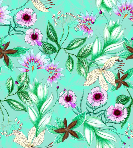 Soyut çiçekli renksiz desen, el çizimi çizimi