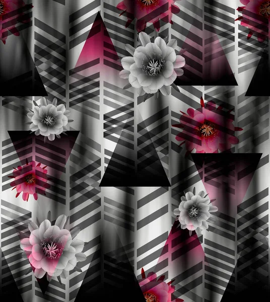 Черный Бесшовный Геометрический Узор Абстрактный Современный Фон Розовыми Цветами — стоковое фото