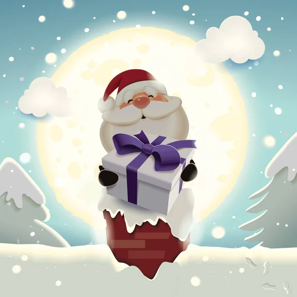 Weihnachtsmann Mit Geschenkkarton Der Sie Durch Den Schornstein Teilt — Stockvektor