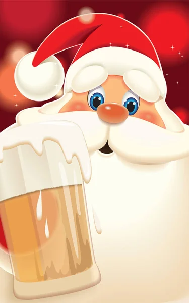 Großaufnahme Weihnachtsmann Prostet Mit Bierkrug Isoliert Auf Rotem Glitzerhintergrund Vektorillustration — Stockvektor