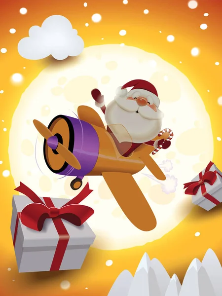 Weihnachtsmann Steuert Orangefarbenes Flugzeug Winterlicher Umgebung Und Teilt Weihnachtsgeschenke — Stockvektor