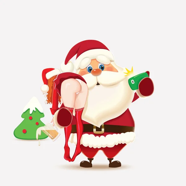 Санта Клаус Несет Пьяную Деву Морозу Через Плечо Делает Селфи — стоковый вектор
