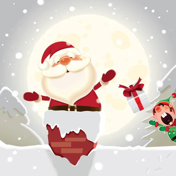 Weihnachtskarten Elf Gibt Dem Weihnachtsmann Geschenke Die Dieser Durch Den — Stockvektor
