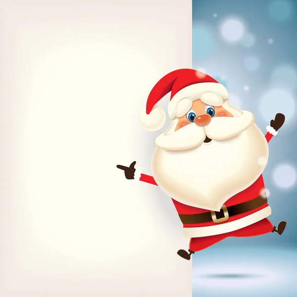 Weihnachtsmann Springt Und Zeigt Retro Leerzeichen Isoliert Auf Blauem Hintergrund — Stockvektor