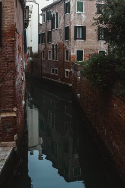 Venedik 'te sakin bir akşam mükemmel geçti. Turuncu tuğla binalar ve bulutlu gökyüzünü yansıtan yemyeşil bitki örtüsüyle kaplı sakin bir kanal..