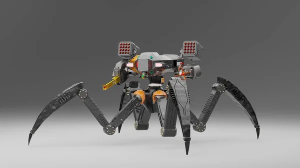現代のクモのような武装兵士 銃を持ったSfロボット戦士 3Dレンダリング — ストック写真