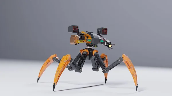 Modern Spindelliknande Beväpnad Soldat Sci Robot Krigare Med Vapen Rendering Stockbild