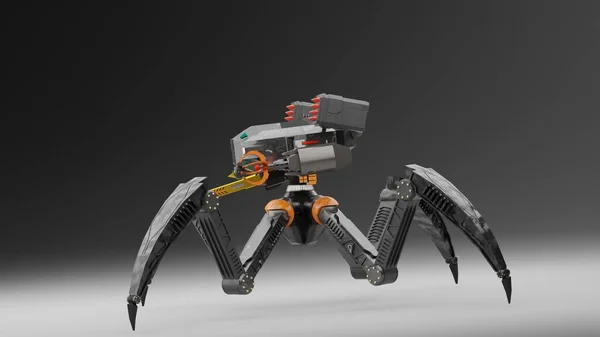 Modern Spindelliknande Beväpnad Soldat Sci Robot Krigare Med Vapen Rendering Stockfoto